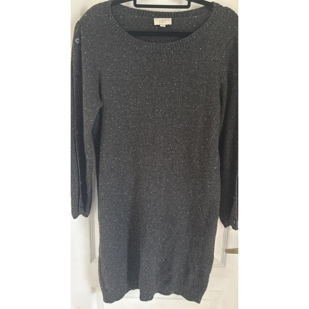 LOFT Women’s Long Sleeve Open Weave Gray Sweater Dress Buttons Sz Large